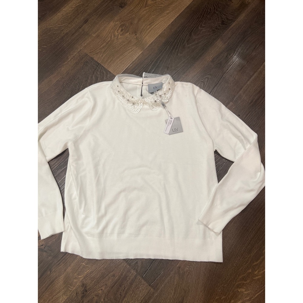 LIV‎ Milano Womens White Knit Sweater Lace Rhinestone Embellished Collar XL NWT